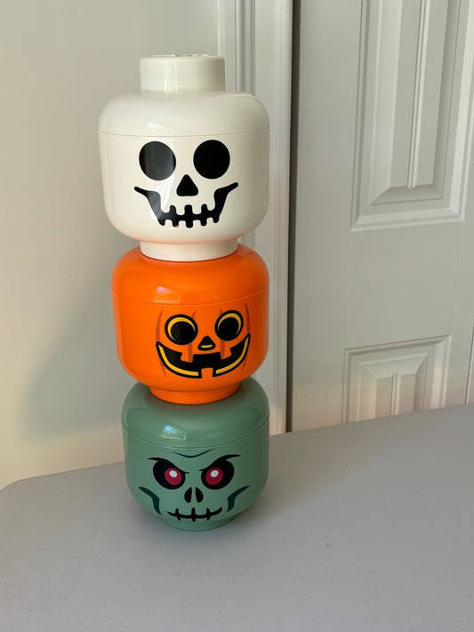 🎃 3 LEGO Brick Storage Head Small PUMPKIN/WHITE SKELETON/ZOMBIE Halloween