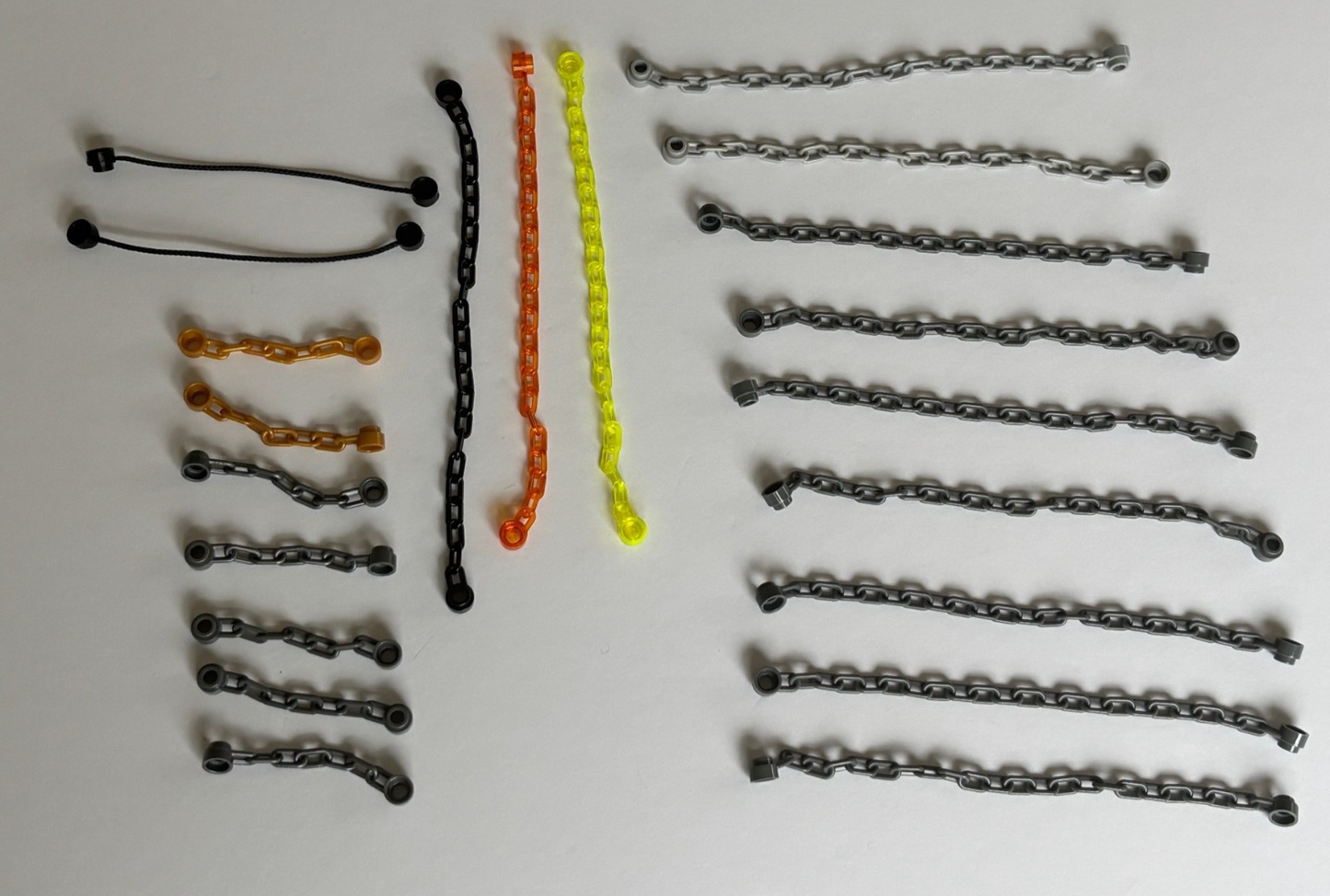 LEGO Lot of 21 Chain Link Connector Ends, String w/ end Studs Gray Gold Orange