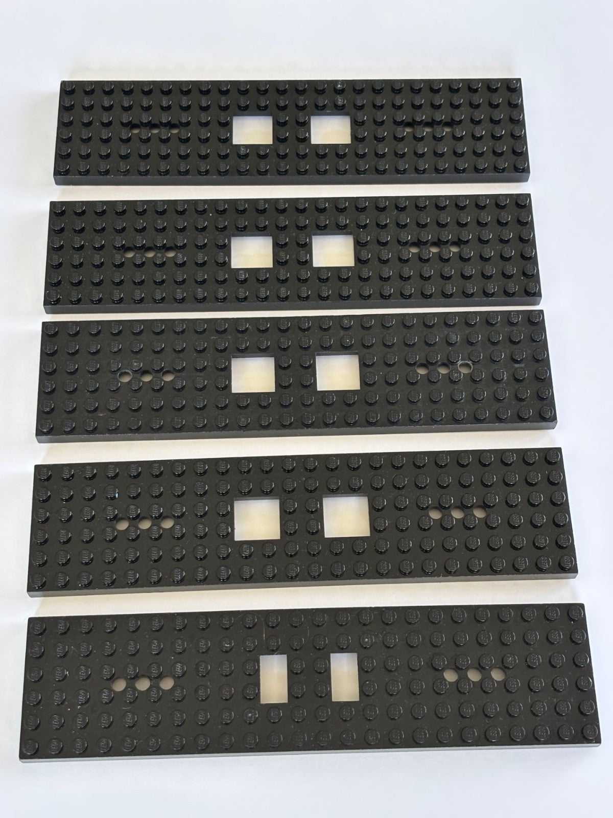 LEGO Lot of 5 Black Train Base 6x24 6 x 24 2 Square Cutouts 3 Round Holes 92340