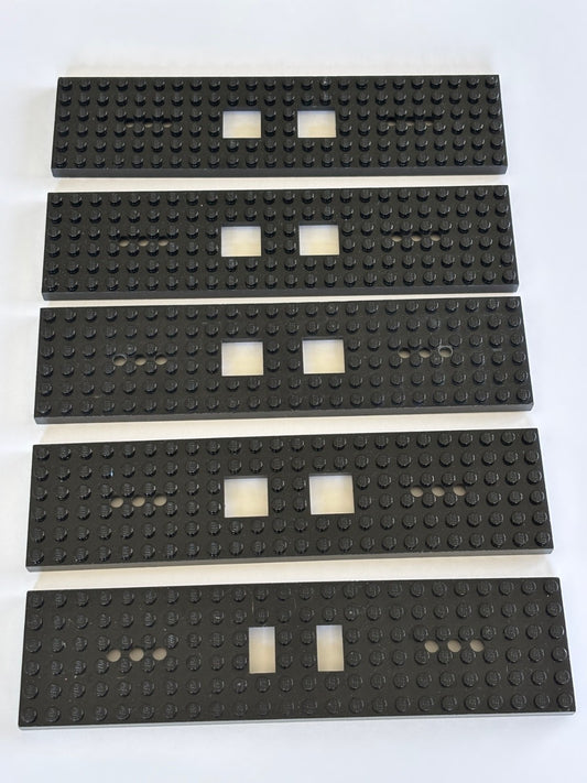 LEGO Lot of 5 Black Train Base 6x24 6 x 24 2 Square Cutouts 3 Round Holes 92340