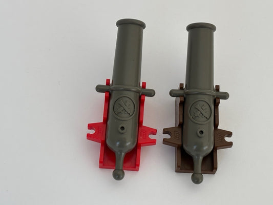 LEGO Lot 2 Old Dk Gray Cannon Non Shooting w/Old Brown Base / Red 6270 6245 2527