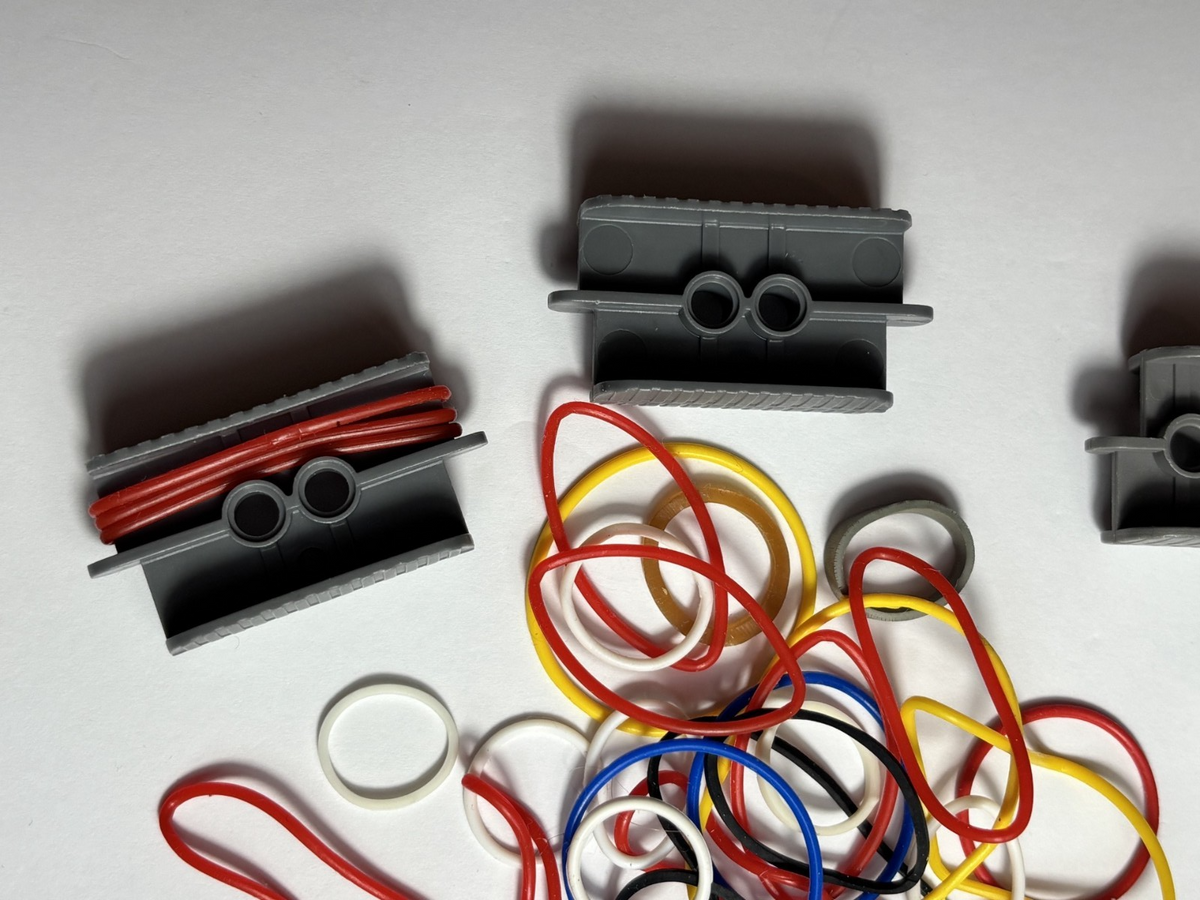 LEGO BULK LOT OF 40 RUBBER BANDS BAND MIXED COLORS AND SIZES w/ 4 Holders