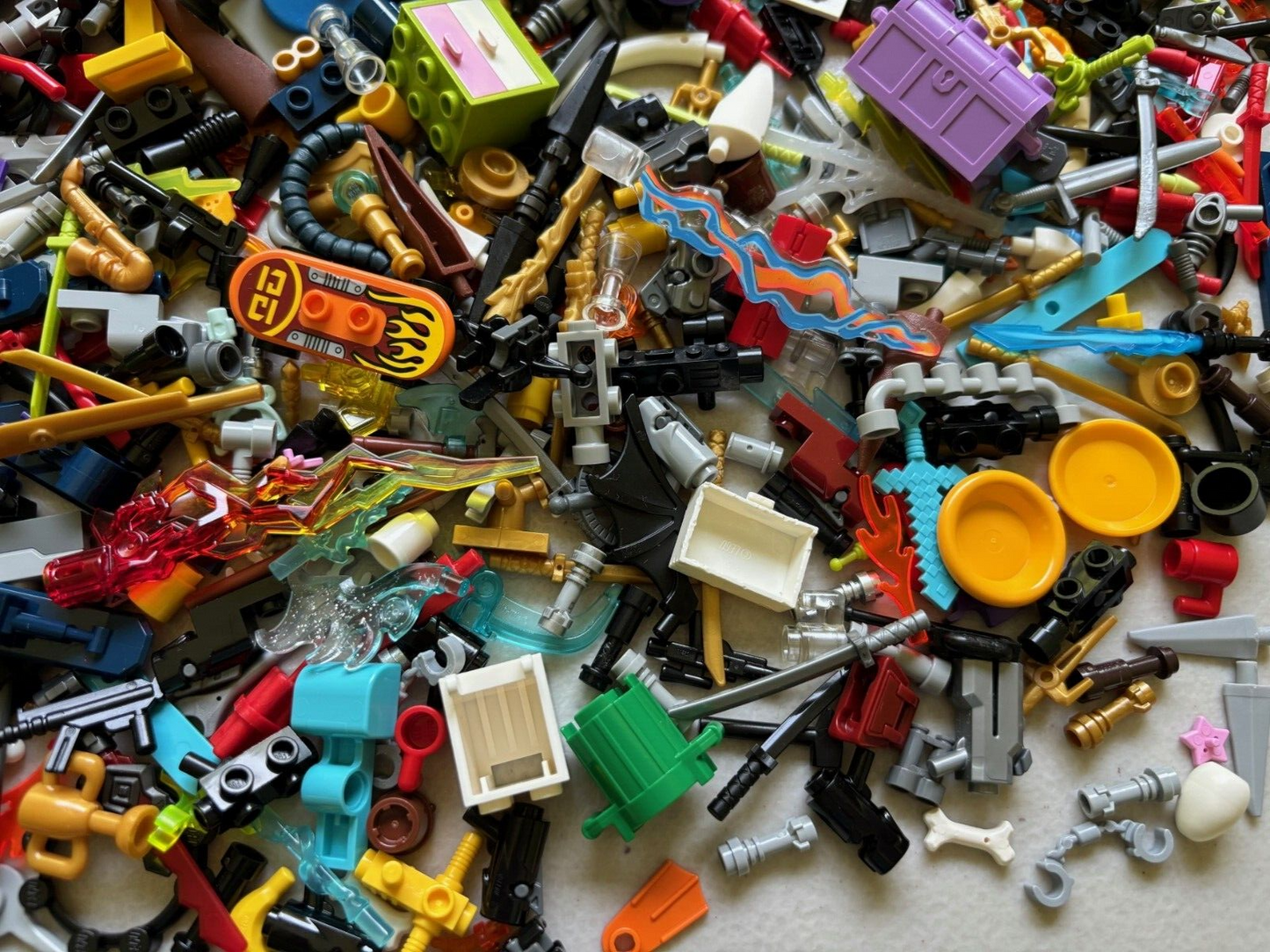 LEGO Minifigure Accessories Lot of 125 + Random Tools Weapons, Food, Guns, Wands