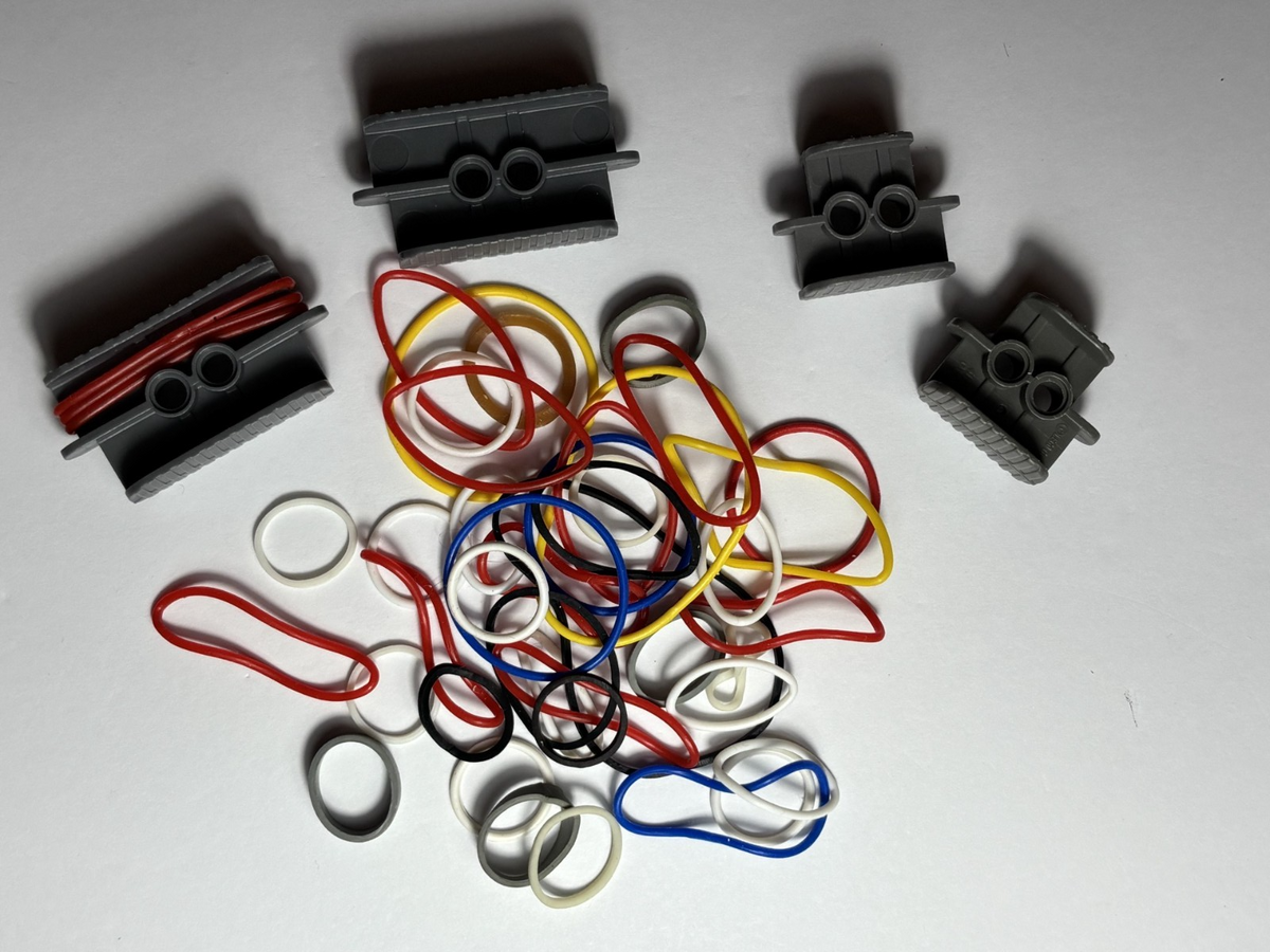 LEGO BULK LOT OF 40 RUBBER BANDS BAND MIXED COLORS AND SIZES w/ 4 Holders